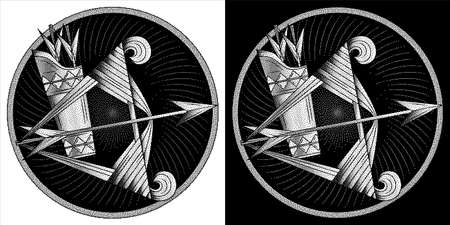 Sagittarius zodiac sign, astrological, horoscope symbol. Pixel monochrome icon. Stylized graphic black white bow, arrows in quiver. Tensing string, aiming. Feather, nock, tackle. Vector illustration.のイラスト素材