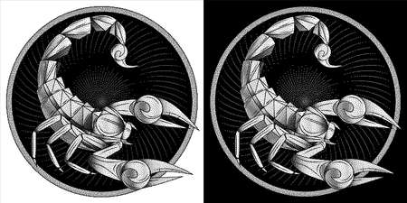 Scorpio zodiac sign, astrological, horoscope symbol. Pixel monochrome icon style. Stylized graphic black white scorpion, raised up sting, pincers, ready to attack. Portrait scorpio in circle. Vector.のイラスト素材