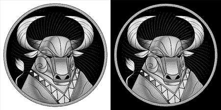 Taurus zodiac sign, astrological horoscope symbol. Pixel monochrome icon style. Stylized graphic black white portrait of stately ox. Proud bull, big twisted horns. Powerful mule look to side. Vector.のイラスト素材
