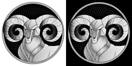 Aries zodiac sign, astrological, horoscope symbol. Pixel monochrome icon style. Stylized graphic black white portrait of stately, proud male sheep, blue big twisted horns. Ram looking to side. Vector.のイラスト素材