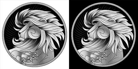 Leo zodiac sign, astrological horoscope symbol. Black white lion with mane. Pixel monochrome icon style. Head in profile, looking away. Raised Up Paw with sharp claws. Portrait lion at circle. Vector.のイラスト素材