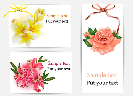 Set of beautiful gift cards with pastel roses, plumerias , lilies and gift bows, may be used for Women\'s Dayのイラスト素材