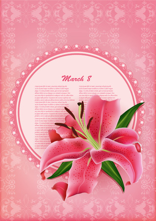 beautiful gift card with pink lily , may be used as a Woman\'s Day congratulationのイラスト素材