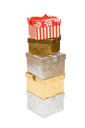 stack of colorful presents isolated on whiteの写真素材