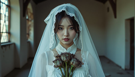 Bride holding wilted roses in an abandoned building, haunting atmosphere.の素材