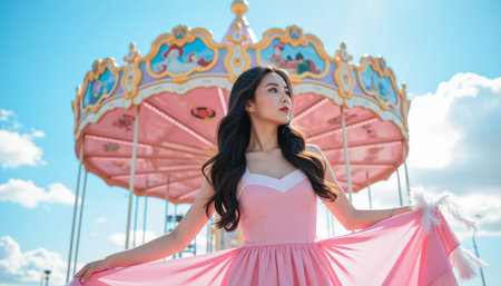 Young woman in a pink dress at a vibrant carousel under a blue sky.の素材