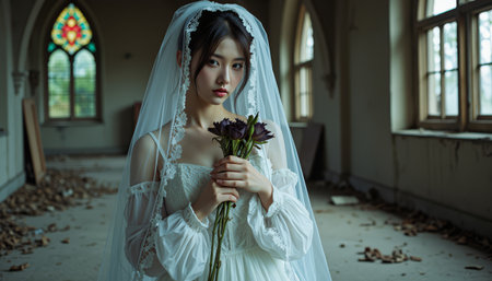 Bride holding black flowers in an abandoned building with a ghostly atmosphere.の素材