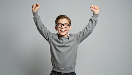 A cheerful young boy celebrating with raised arms and a bright smile.の素材
