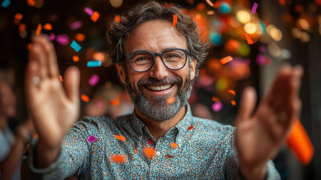 A joyful man celebrating with confetti, embodying happiness and festive spirit.の素材