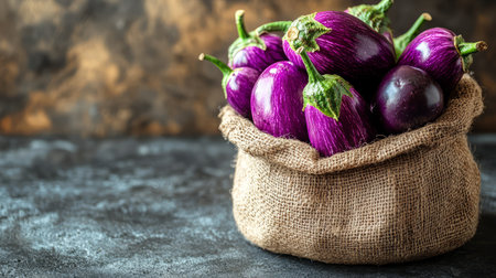 Fresh eggplants in a burlap sack on a dark textured surface.の素材