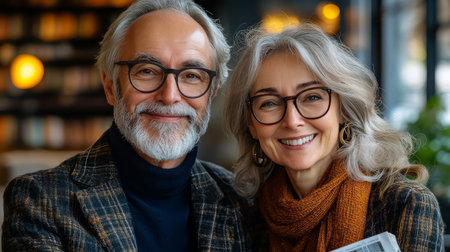 Happy elderly couple enjoying time together in a cozy coffee shop.の素材