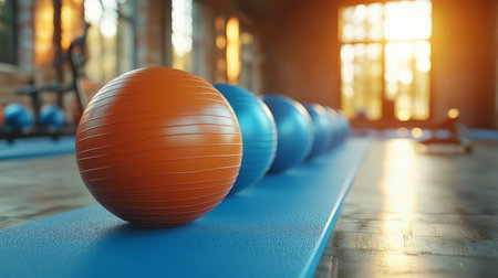 Colorful exercise balls lined up in a gym, sunlight streaming through window.の素材