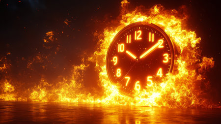 A clock engulfed in flames symbolizing the passage of time and urgency.の素材