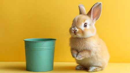 Cute bunny next to a green pot against a bright yellow background.の素材