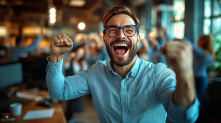 An Excited businessman celebrating success in modern office environmentの素材