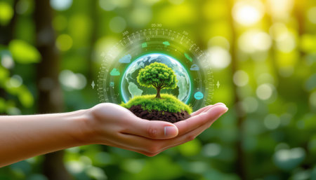 A hand holds small globe with tree, symbolizing harmony of nature and technologyの素材