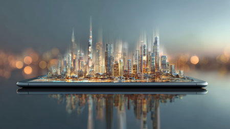 Futuristic city smartphone technology hologram skyline digital light modern urban innovation Futuristic city smartphone technology hologramの素材