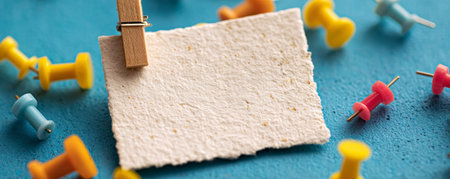 Blank note paper clothespin pushpin reminder message background copyspace office colorful blank note paper with clothespin and pushpin blueの素材