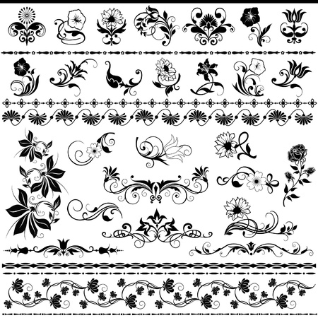 set of decorative floral elements and bordersのイラスト素材