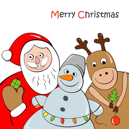 Christmas Greeting Card with reindeer, Santa and snowmanのイラスト素材