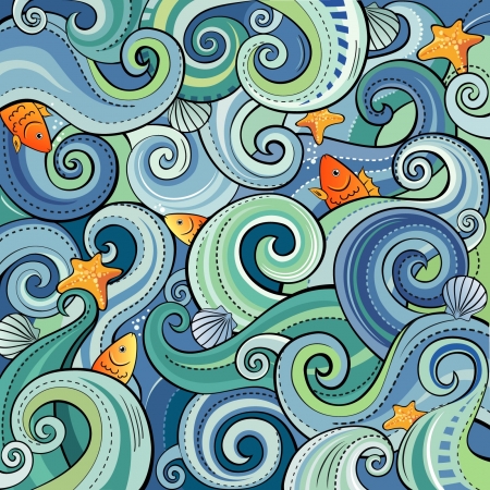 Background with waves, fish, shells and starfishのイラスト素材