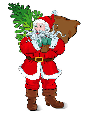 Santa Claus carrying a sack of gifts and a Christmas treeのイラスト素材