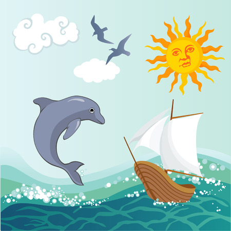 Summer background with a sea ship and dolphinのイラスト素材