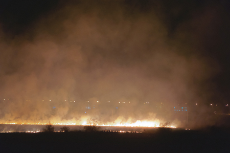 the smoke from the burning field, fire in the field at night, burning grass on the fieldの写真素材