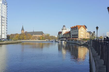 tourist center of the city, walking paths and cafes on the embankment, ethnographic center fish village, Kaliningrad, Russia, October 24, 2019のeditorial素材