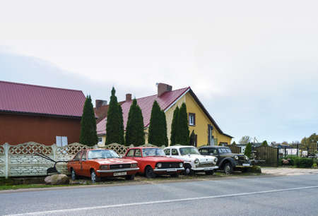 old cars Moskvich and Opel, exhibition of retro cars, Russia, Kaliningrad region, October 20, 2019のeditorial素材