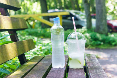 ice-cold lemonade in a clear glass, cold drink in hot summerの写真素材