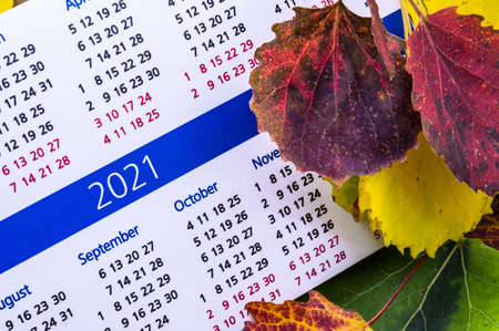 red and yellow autumn leaves and 2021 calendar, 2021 calendar in autumn leavesの写真素材