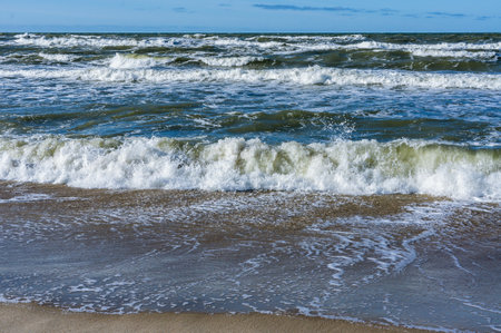 Baltic sea coast, small waves on the sea, ships on the sea horizon