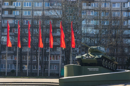 Russia, Kaliningrad region, Marshal Rokossovsky Street, April 6, 2020: T34 tank on a pedestal, monument of the Second Great Patriotic War, Soviet T34 tankのeditorial素材