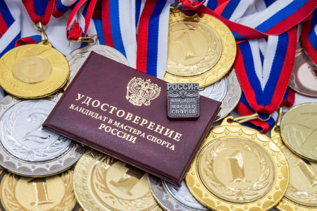 Certificate and badge of the Candidate for Master of Sports. The Russian symbol of distinction of sports standards.の写真素材