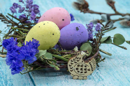 Happy Easter. A nest with Easter eggs. Willow twigs. Holy Easter. Blue background. Easter chicken.