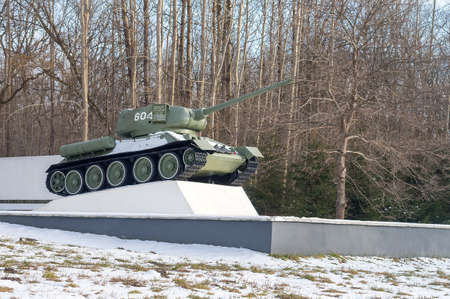 Pereslavskoe (Kvanditten), Kaliningrad region, Russia, March 20, 2021. Military cemetery. Memorial complex on the common grave of Soviet soldiers. Tank on the grave of soldiers.のeditorial素材