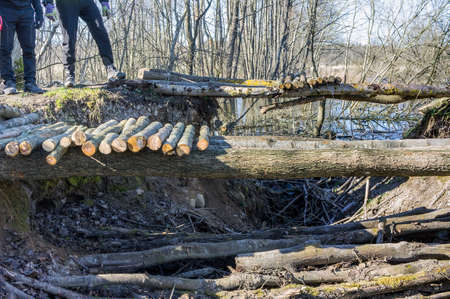 Building a bridge for pedestrians. Bridge over the ditch. Log Bridge.の写真素材