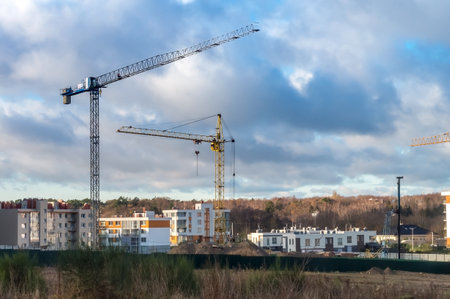 Kaliningrad region, Russia, November 29, 2020. Construction of multi-storey houses. Construction cranes and houses. Construction of an apartment block.のeditorial素材