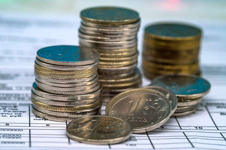 Russian coins rubles. Coins close-up. Money stacked. The accumulation of money.