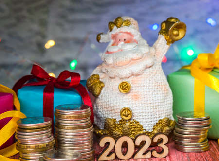 Gifts and money for the holiday. New Year's card. Holiday New Year and Christmas 2023.の写真素材