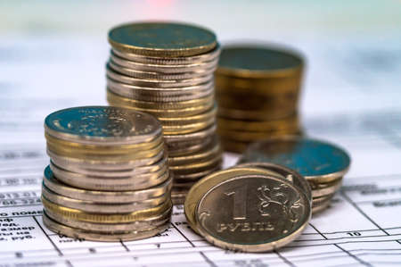 Russian coins rubles. Coins close-up. Money stacked. The accumulation of money.