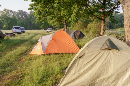 Kaliningrad region, Russia, June 12, 2020. Morning at the campsite. Tent camping for cyclists. Trekking with tents in the summer.のeditorial素材
