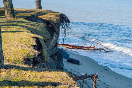 Coastal crumbling after a storm. Destruction on a seashore. The erosion of the seashore. Erosion on the cliffs.の写真素材