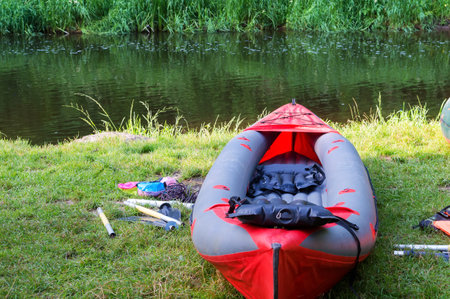 Rafting in kayaks. Active recreation on the water. Canoe trip on the river. selective focusの写真素材
