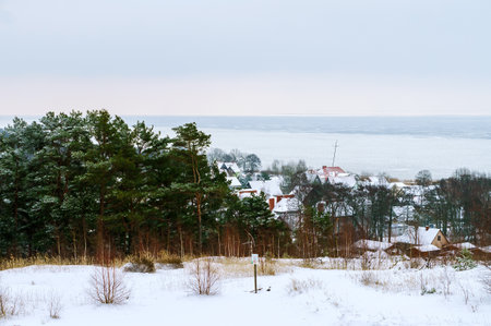 Morskoye village, Curonian Spit National Park, Kaliningrad region, Russia, January 8, 2022. Coastal village, single-story houses. Top view.のeditorial素材