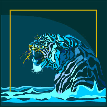 Water tiger, symbol of 2022 year, turning head roaring showing fangs in open mouthのイラスト素材