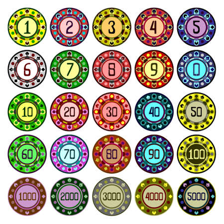 Casino coins chips set with numbers and suits. Vector illustration of coins or tokens or chips isolated on white background.のイラスト素材