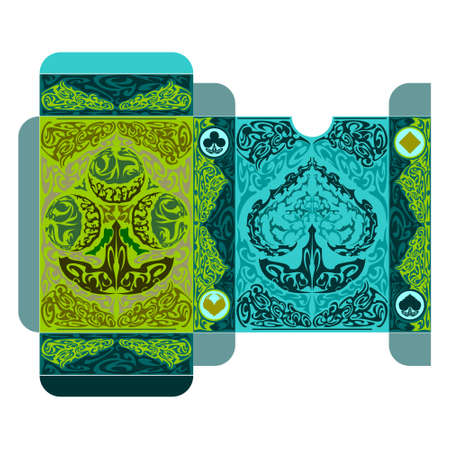 Tuck box template for poker playing cards. Card box with clubs and spades suits. Oriental fairy tale style. Vector illustration isolated on white background.のイラスト素材