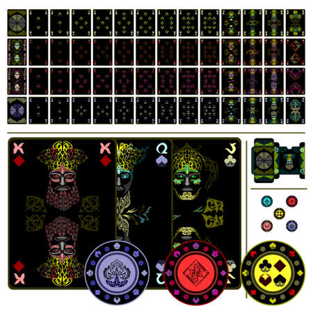 Poker set includes: full card deck, tuck box template and casino chips. Dark gold colors. Oriental fairy tale style. Poker set with isolated cards, box and chips on white background.のイラスト素材